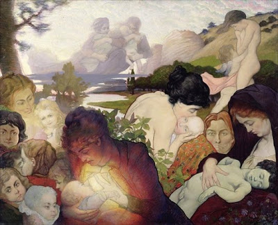 Maternidade (1893), de Charles Maurin. A relação corporal entre mãe e filho como sendo a base das fantasias inconscientes é resgatada pelo artista. 